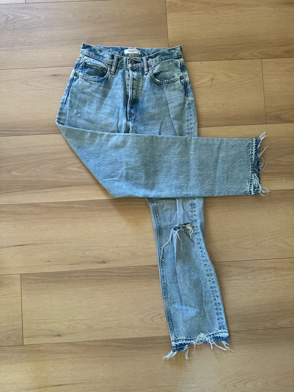 Moussy Light Blue Straight-Leg Jeans with Distressed Hem